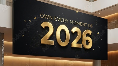 Golden 2026 year celebration display with falling confetti.