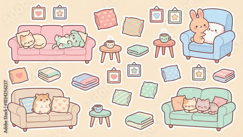 Cozy Living Room Scene with Cute Animals, Pillows, and Coffee Cups
