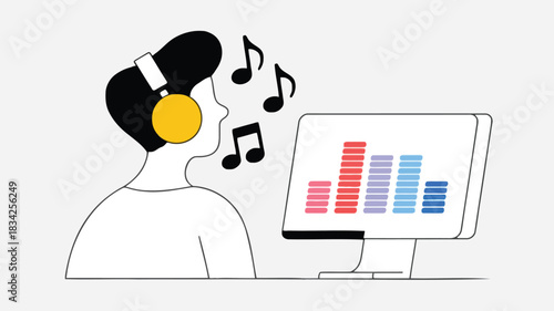 Person wearing headphones listening to music with sound equalizer displayed on computer screen and musical notes