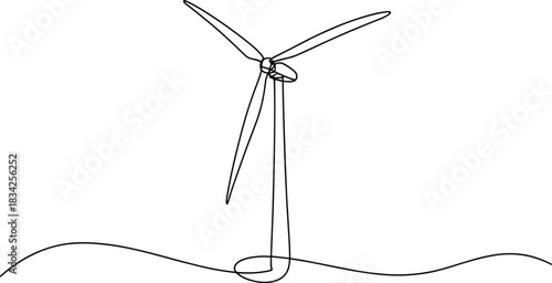 Single line drawing of a wind turbine on a wavy ground