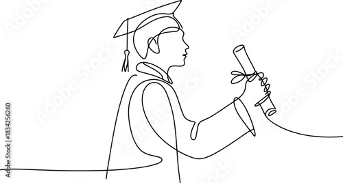 Single line drawing of graduate holding diploma graduation