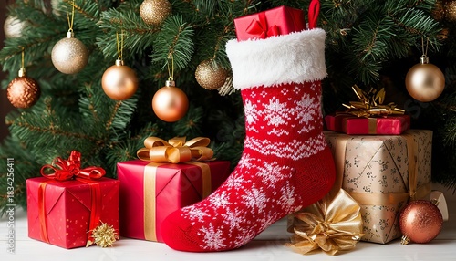 A Christmas stocking with gifts, a place for text.