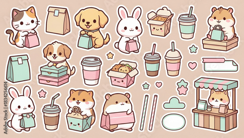 Adorable Animal Shop Stickers Cute Cats, Dogs, Bunnies, Hamsters, and Tasty Treats Illustration