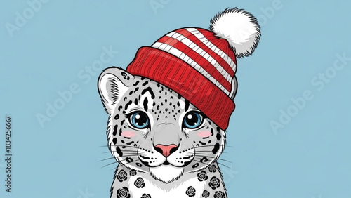Adorable cartoon snow leopard cub wearing a red and white striped winter beanie with a fluffy pompom set against a soft blue background perfect for winter themes and children s illustrations