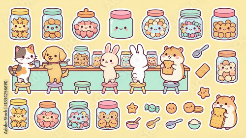 Adorable kawaii sticker collection featuring cute cartoon animals like cats, dogs, and hamsters with jars full of sweet cookies and treats