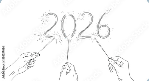 Hands holding sparklers forming the year 2026 against a light background design