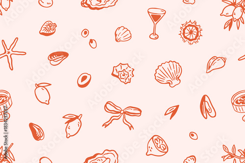 Dolce vita seamless pattern. Endless background, Italian summer holiday design with lemon, seashells in retro doodle style. Repeating print, texture for wrapping. Hand-drawn vector illustration.