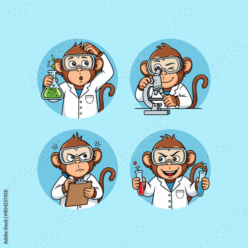 Monkey scientist holding beaker with green liquid with confused look
