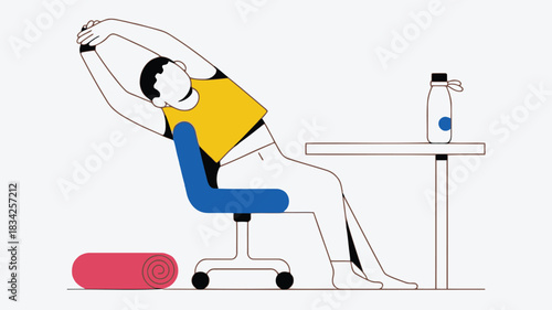 Person stretching side body while sitting at a desk with a yoga mat and water bottle nearby