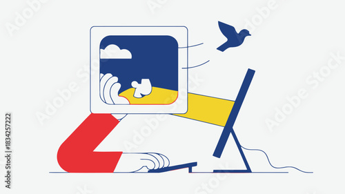 Creative person working on a computer with a bird flying out of the screen symbolizing freedom and inspiration