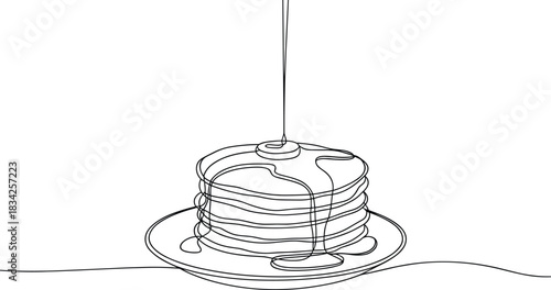 Stack of pancakes with syrup pouring in continuous line art