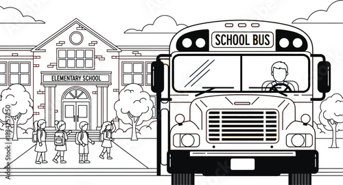 Children boarding a yellow school bus in front of their elementary school building