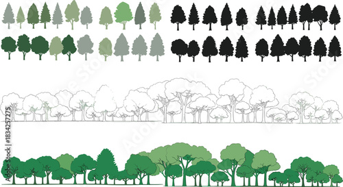 Tree silhouette collection, forest illustration elements, green foliage icons, botanical tree set, woodland graphic design, nature outline, vector greenery pack