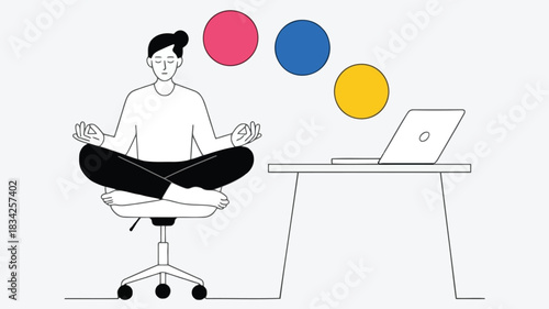 Person meditating in lotus position on office chair next to desk with laptop and colorful abstract circles