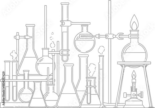 Chemistry lab equipment illustration with beakers and flasks in black and white