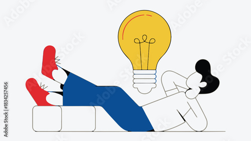 Person relaxing with feet up near a bright yellow light bulb symbolizing a new idea or inspiration