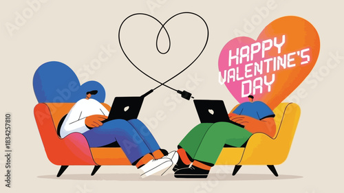 Couple connecting laptops with cables forming a heart shape on valentines day