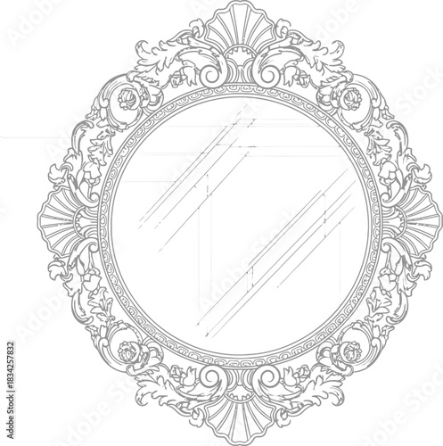 Ornate vintage mirror with decorative frame in a classic interior line drawing