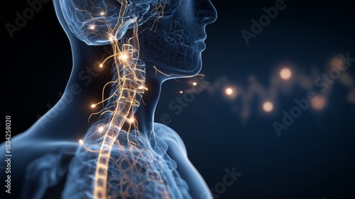 Transparent human neck and chest illustrating vagus nerve activation and acetylcholine release signaling for neuromodulation and autonomic regulation.
