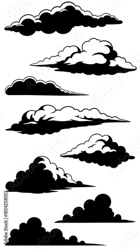 Set of Different Silhouette Cloud Shapes Graphic Vector Illustration Isolated on White Background