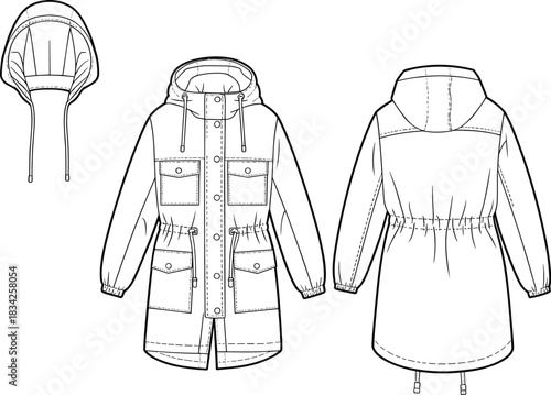 Fashion flat sketch of a hooded parka jacket with multiple pockets and drawstring waist drawing