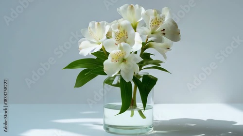 White alstroemeria flowers in glass vase with natural light