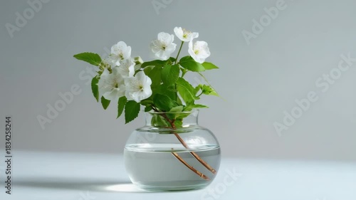 Elegant cherry blossoms in glass vase on minimalist background