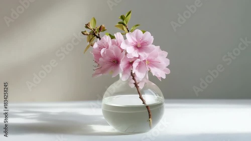 Delicate pink cherry blossoms in glass vase on sunlit table