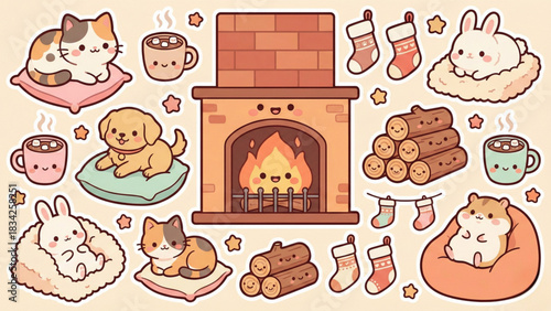 Cozy Kawaii Winter Adorable Animals by Fireplace Illustration