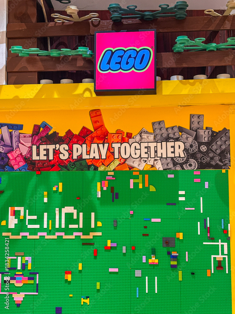 Fototapeta premium Vibrant LEGO Bricks Display with Play Together Message