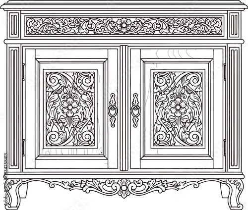 Ornate wooden cabinet with carved floral details and decorative trim design art