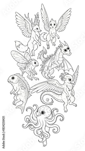 Illustration of Mythical Winged Creatures in Black and White Featuring Variety of Fantastic Animals with Wings and Unique Designs Isolated on White Backdrop
