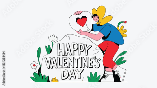 Joyful person with yellow wings places a heart with red heart inside on a rock with happy valentines day text