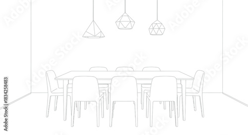 Minimalist dining room interior with modern table chairs and geometric lighting