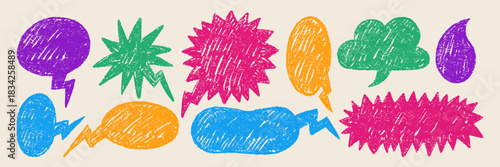 Set of speech bubbles, drawn with crayon and framed roughly with chalk or pastel texture. Colorful vector chat boxes for playful communication in retro style.