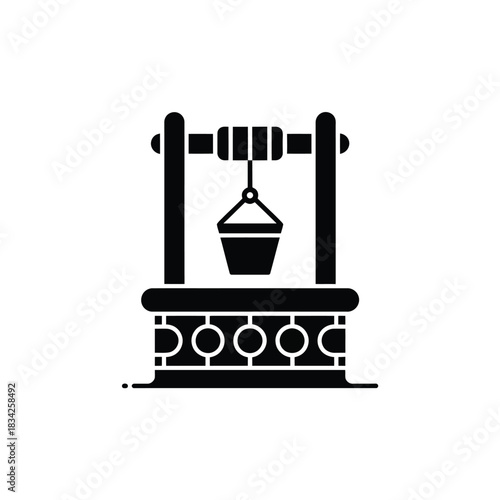 Old well with bucket icon vector illustration isolated on transparent background water source drawing equipment pictogram for rural areas