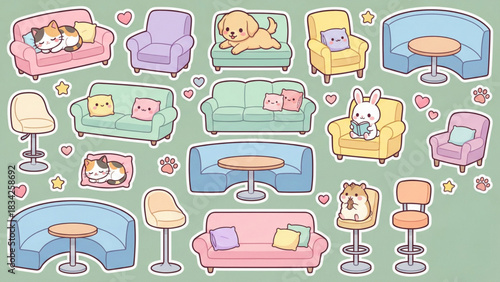 Cute Kawaii Furniture and Adorable Animals Sticker Collection