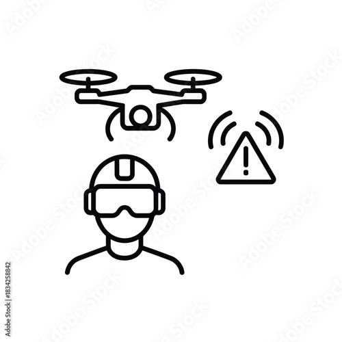 Drone warning signal icon with virtual reality user silhouette symbolizing future technology risk management and remote operation illustration