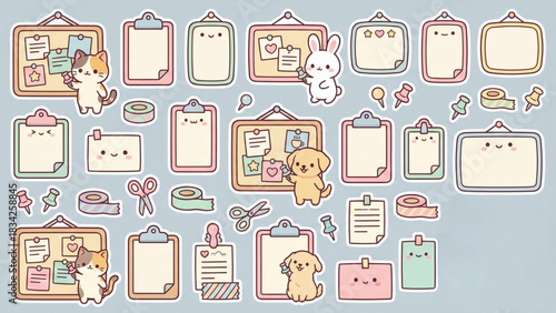 A cute collection of kawaii stationery stickers featuring charming animal characters, clipboards, and bulletin boards for journaling