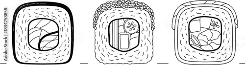 Three sushi rolls with different fillings on a white background line art style