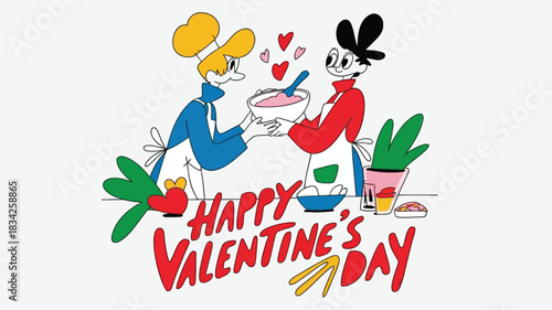 Two cartoon characters baking together with hearts and happy valentine s day text