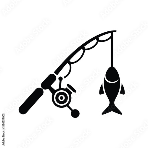 Black silhouette icon of fishing rod with a caught fish angling equipment symbol for outdoor sports activity vector sign