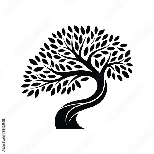 Stylized natural tree silhouette with dense foliage and curved trunk representing organic growth ecology and environmental conservation design