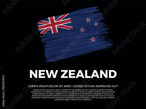 Flag of New Zealand. New Zealander and Austral Culture. Vibrant, textured brushstroke effect style. Black background with copy space. Dramatic composition in negative space.