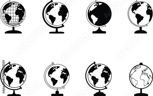 Silhouettes of globes illustration with stand showing continents oceans latitudes and longitudes