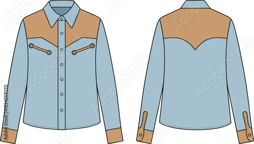 Fashion flat sketch of a light blue western style denim shirt with tan yokes western shirt cowboy shirt
