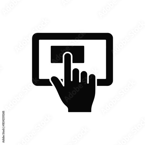 Hand interacting with digital screen touchpad pressing button or selecting option on tablet device vector illustration