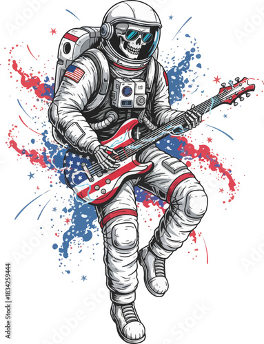 Astronaut Skeleton Shredding on Electric Guitar with Patriotic Splatter Illustration Style Vector Design