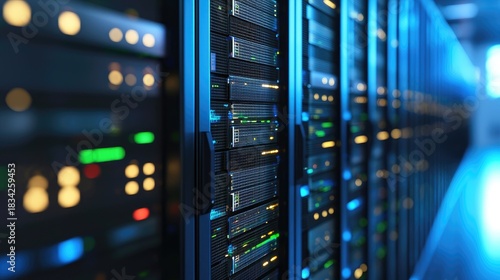 Blue illuminated server racks in a modern IT data center with active hardware indicators, ideal for cloud infrastructure concepts and high tech digital presentation backgrounds