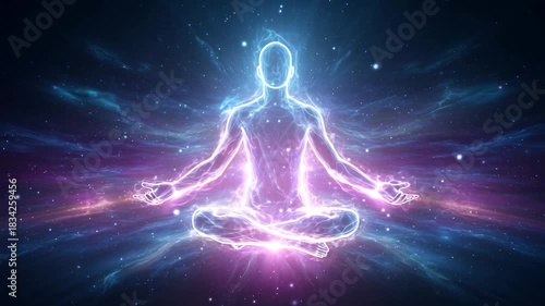 Radiant energy figure meditating in cosmic space with glowing aura and spiritual light surrounding the body
